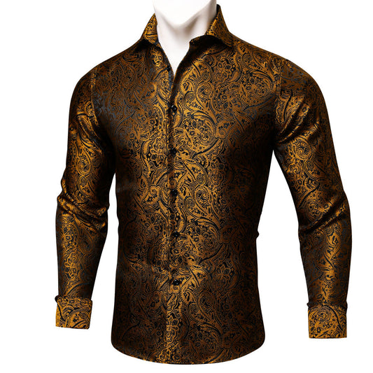 Black Golden Paisley Silk Dress Shirt shirt S   - Sophisticated Gentlemen