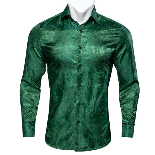 Shiny Green Paisley Silk Dress Shirt shirt S   - Sophisticated Gentlemen