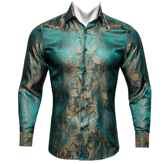 Lake Blue Green Paisley Silk Dress Shirt shirt S   - Sophisticated Gentlemen