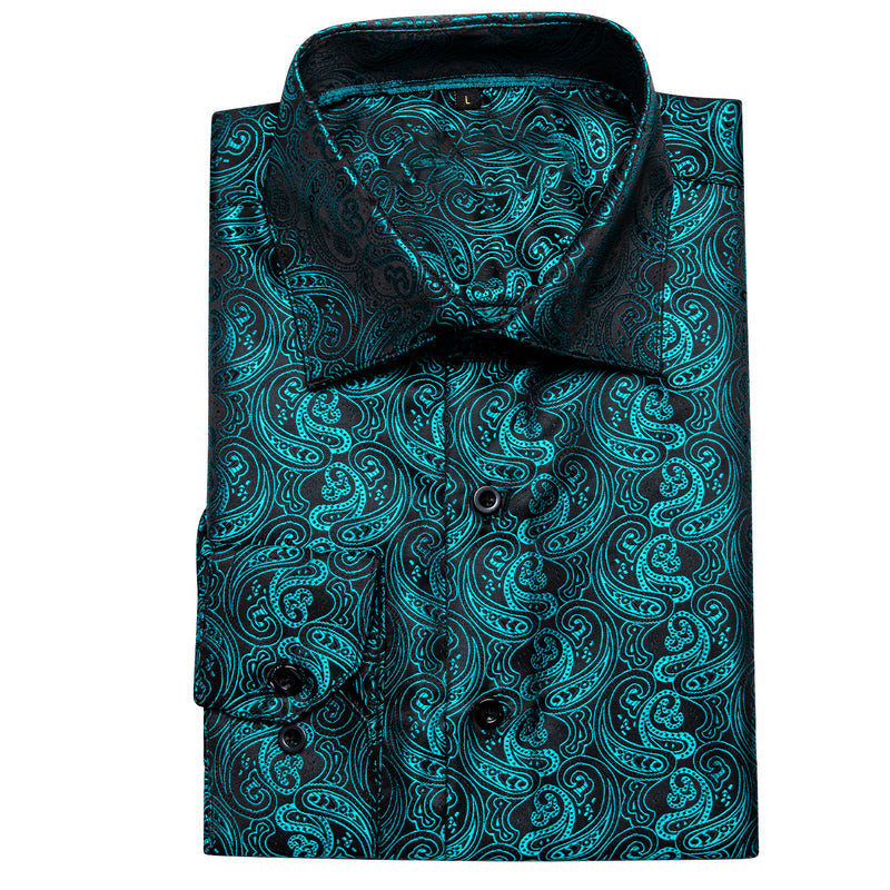 Midnight Black and Lake Blue Paisley Silk Dress Shirt shirt - Sophisticated Gentlemen