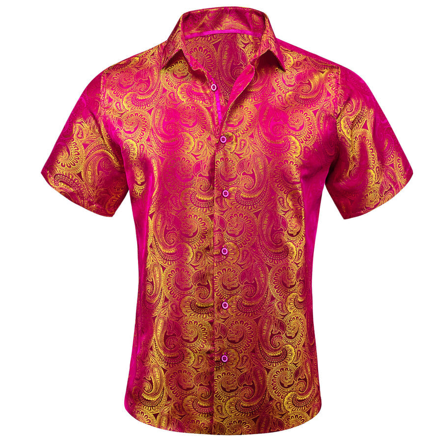 Deep Pink Yellow Paisley Men's Silk Dress Shirt shirt S - Sophisticated Gentlemen