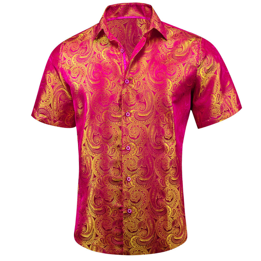 Deep Pink Yellow Paisley Men's Silk Dress Shirt shirt - Sophisticated Gentlemen