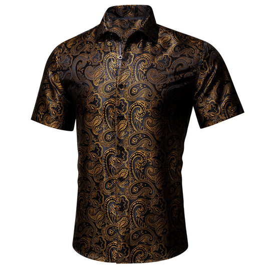 Black Golden Paisley Silk Dress Shirt shirt S   - Sophisticated Gentlemen