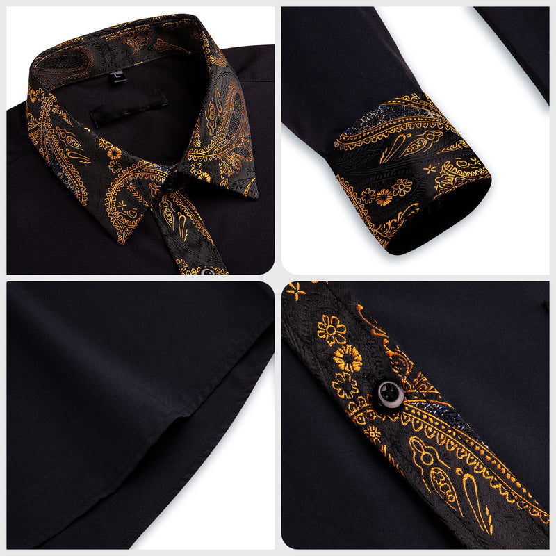 Black With Gold Paisley Flower Edge Dress Shirt shirt - Sophisticated Gentlemen