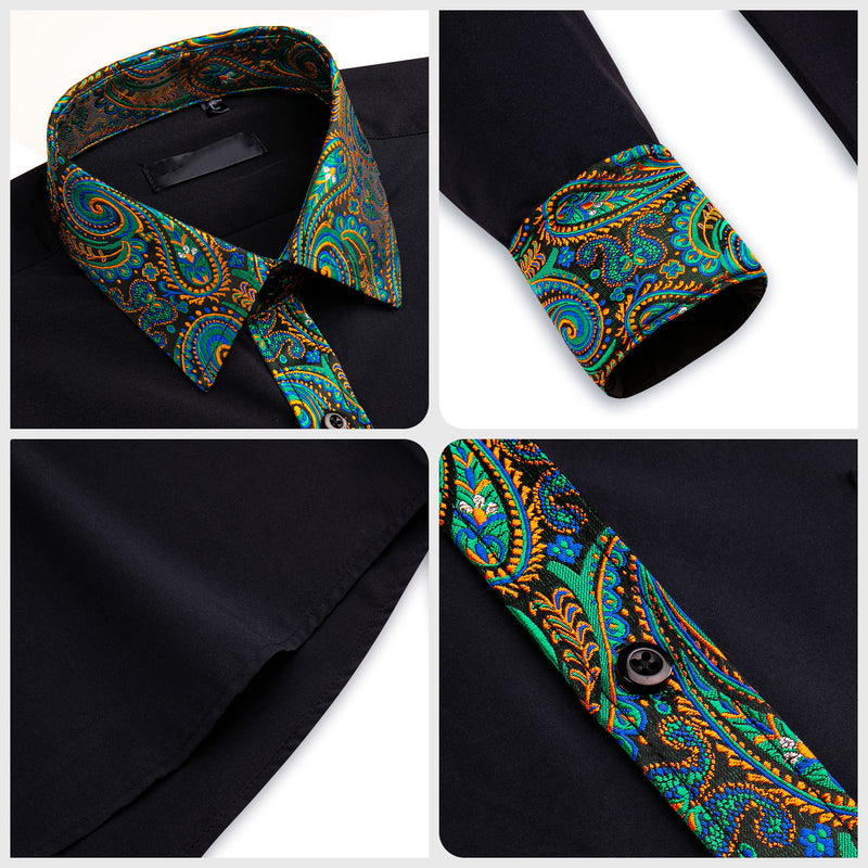 Black With Colorful Green Blue Gold Paisley Edge Dress Shirt shirt - Sophisticated Gentlemen
