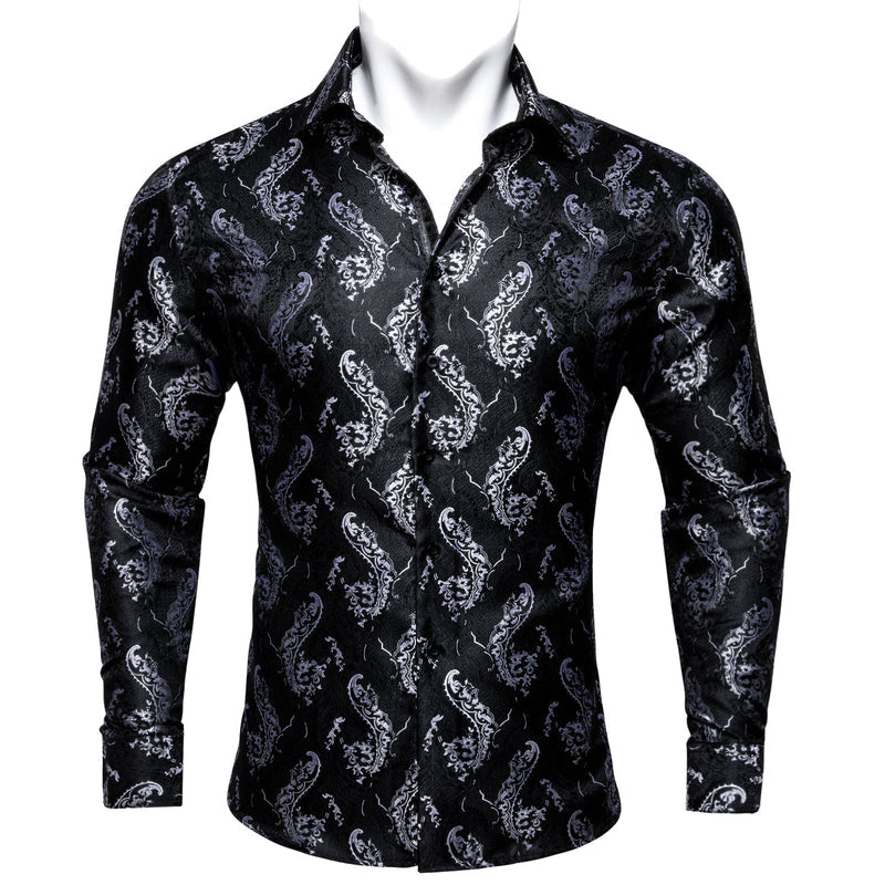 Black White Floral Style Silk Dress Shirt shirt S - Sophisticated Gentlemen