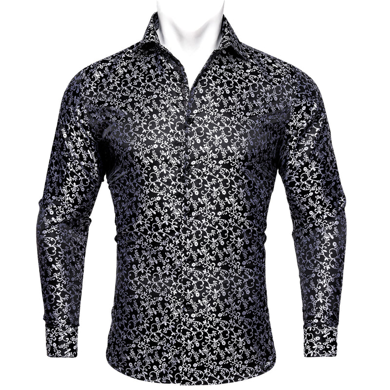 Black White Floral Style Silk Dress Shirt shirt S - Sophisticated Gentlemen
