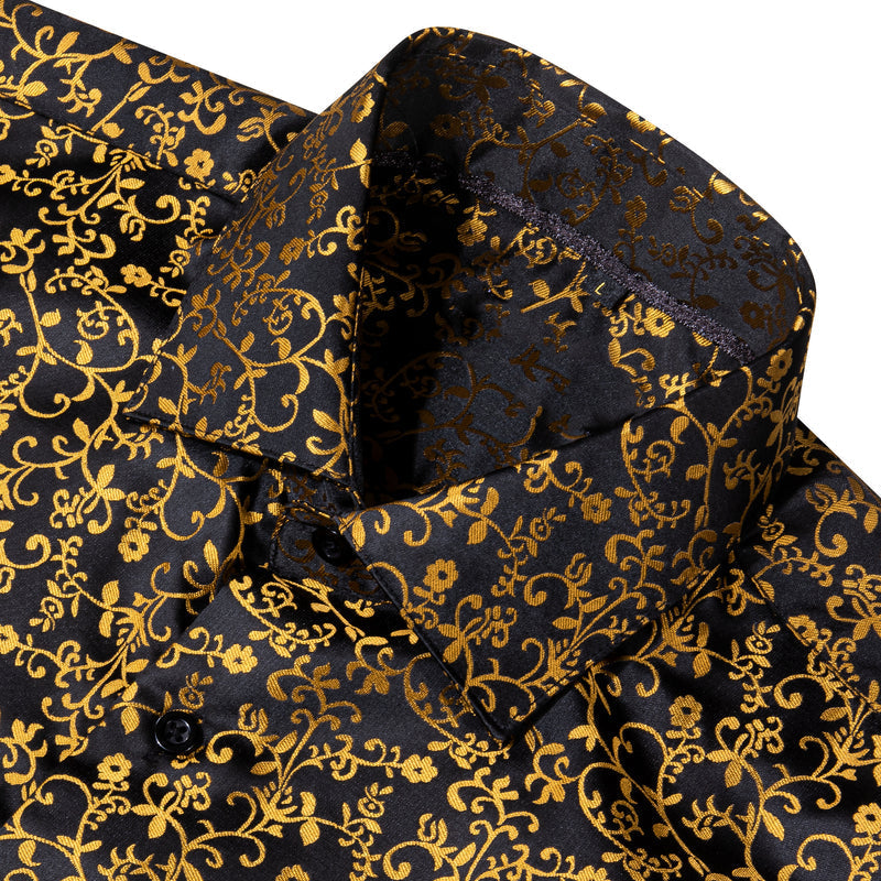 Black Golden Floral Style Silk Dress Shirt shirt - Sophisticated Gentlemen