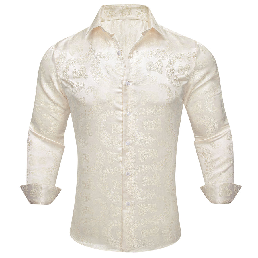 Beige Light Yellow Paisley Silk Dress Shirt shirt S - Sophisticated Gentlemen