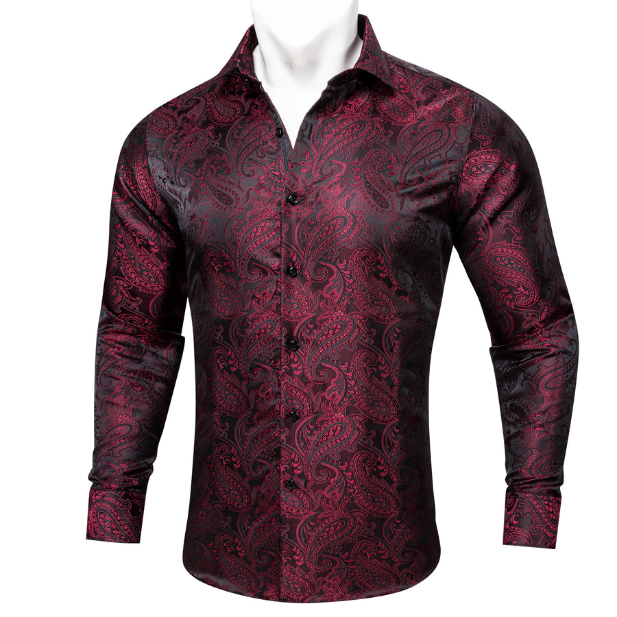 Dark Red Black Paisley Silk Dress Shirt shirt S - Sophisticated Gentlemen