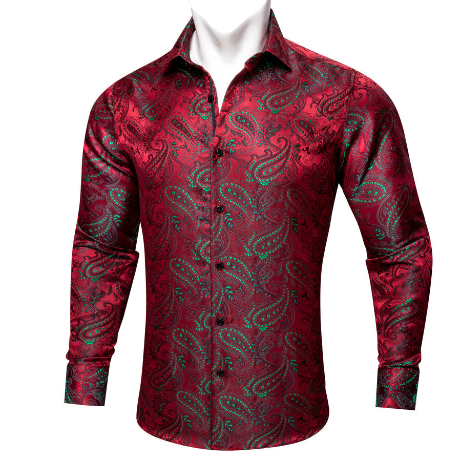 Red Green Paisley Silk Dress Shirt shirt S - Sophisticated Gentlemen