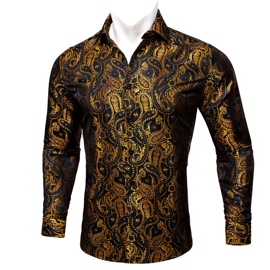 Gold Black Paisley Silk Dress Shirt shirt S - Sophisticated Gentlemen