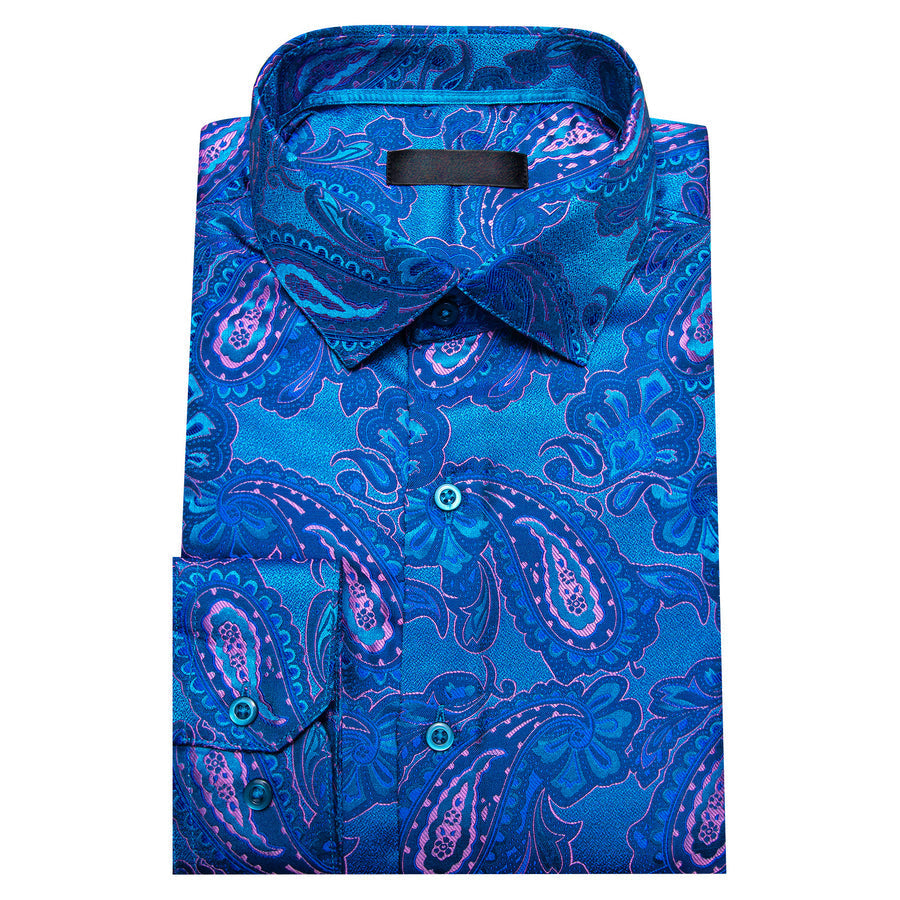 Blue Pink Paisley Flower Pattern Silk Dress Shirt shirt - Sophisticated Gentlemen