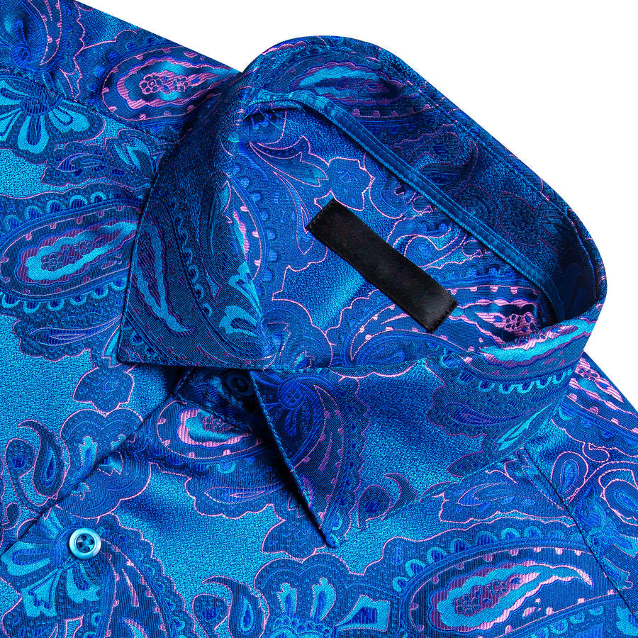 Blue Pink Paisley Flower Pattern Silk Dress Shirt shirt - Sophisticated Gentlemen