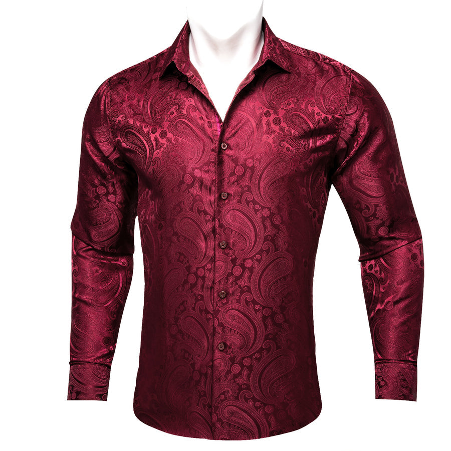 Dark Red Paisley Flower Pattern Silk Dress Shirt shirt - Sophisticated Gentlemen
