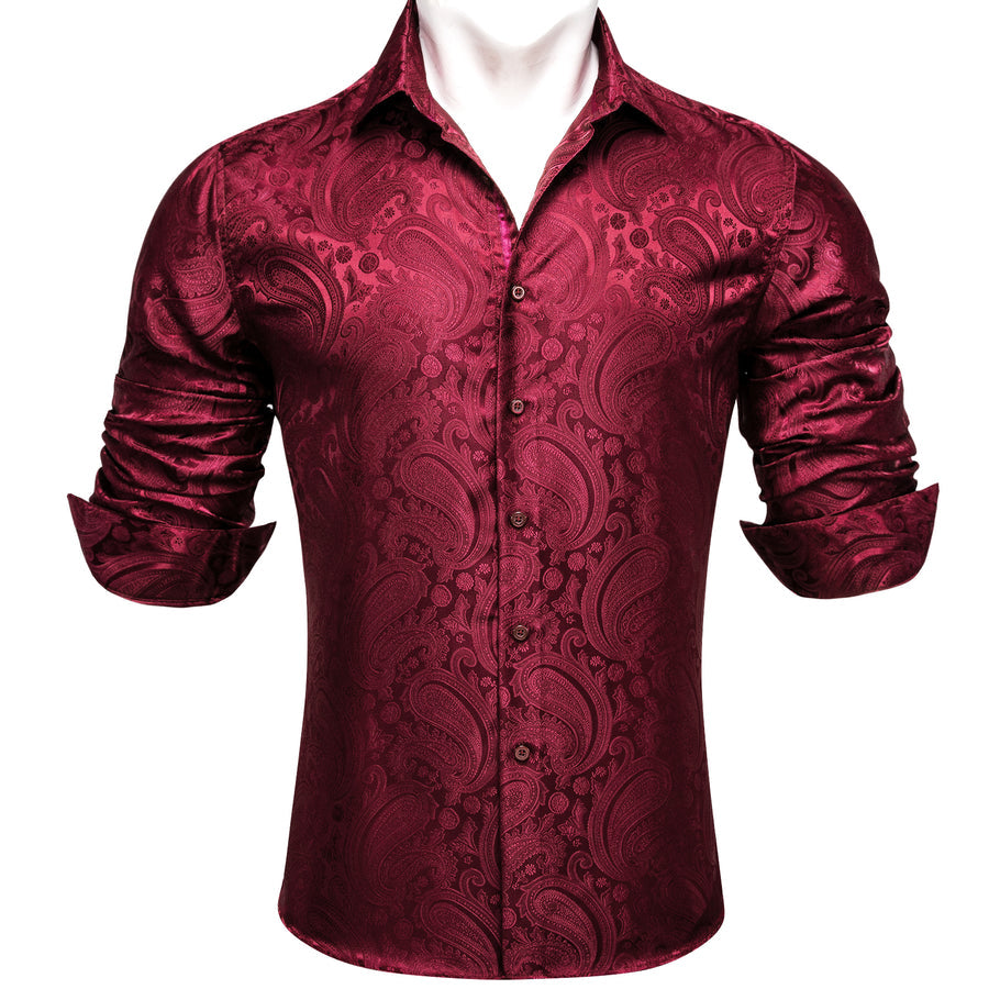 Dark Red Paisley Flower Pattern Silk Dress Shirt shirt - Sophisticated Gentlemen