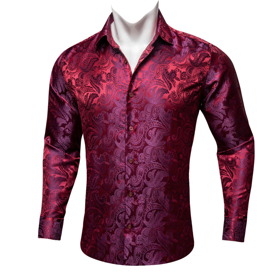 Burgundy Red Purple Paisley Flower Pattern Silk Dress Shirt shirt - Sophisticated Gentlemen