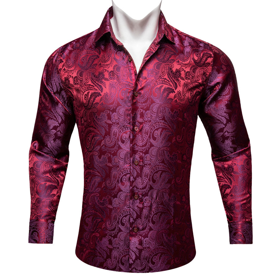 Burgundy Red Purple Paisley Flower Pattern Silk Dress Shirt shirt S - Sophisticated Gentlemen