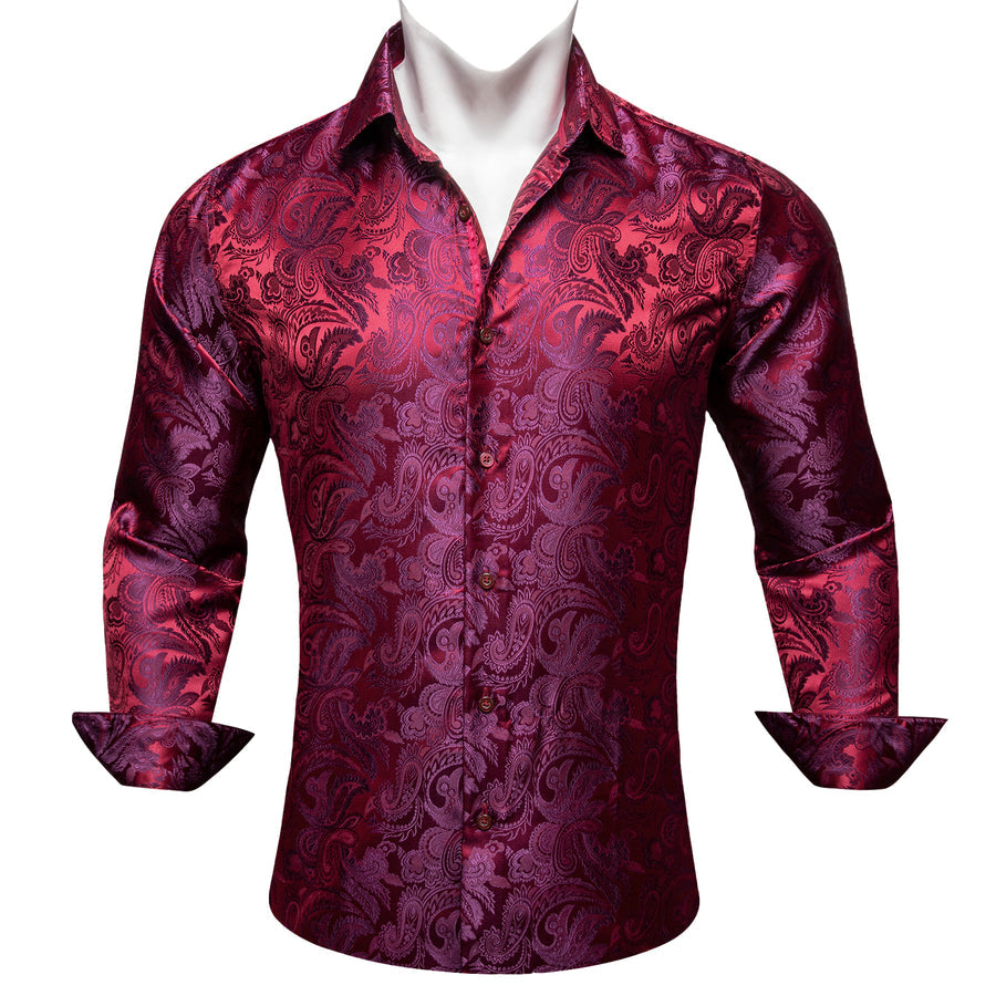 Burgundy Red Purple Paisley Flower Pattern Silk Dress Shirt shirt - Sophisticated Gentlemen