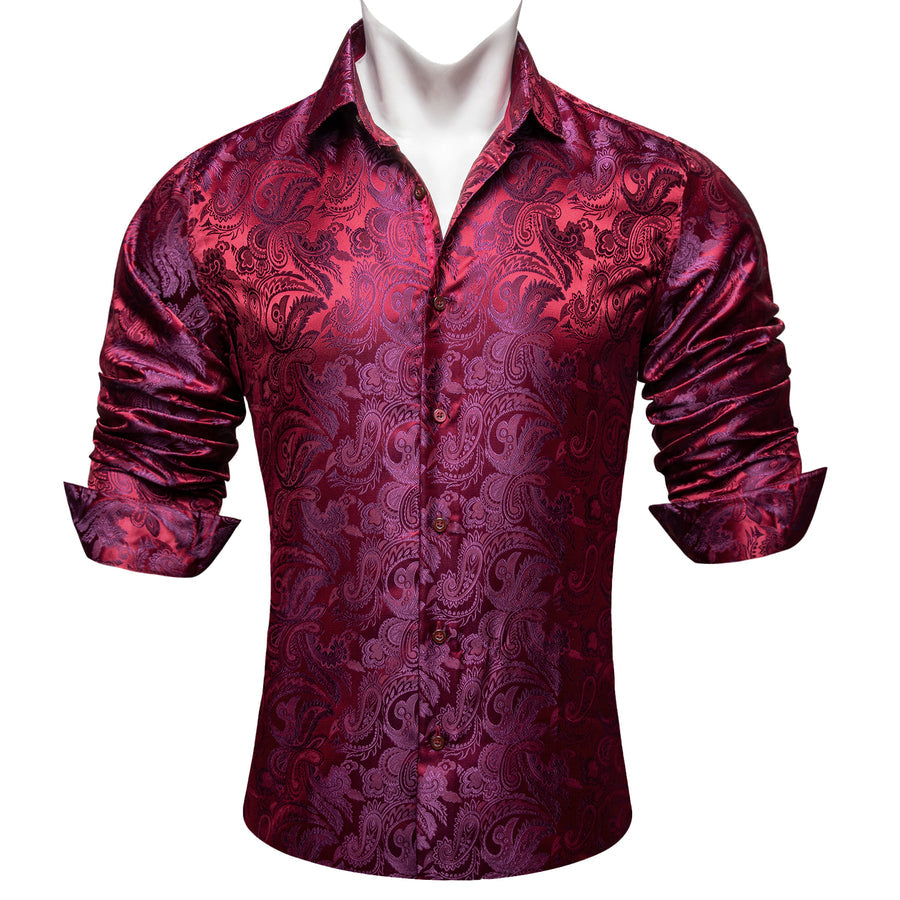 Burgundy Red Purple Paisley Flower Pattern Silk Dress Shirt shirt - Sophisticated Gentlemen
