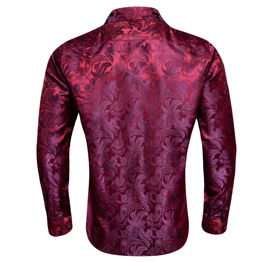 Burgundy Red Purple Paisley Flower Pattern Silk Dress Shirt shirt - Sophisticated Gentlemen