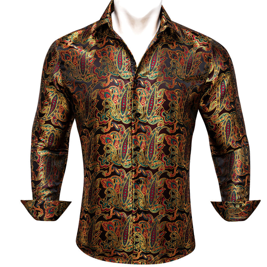 Golden Red Paisley Flower Pattern Silk Dress Shirt shirt S - Sophisticated Gentlemen