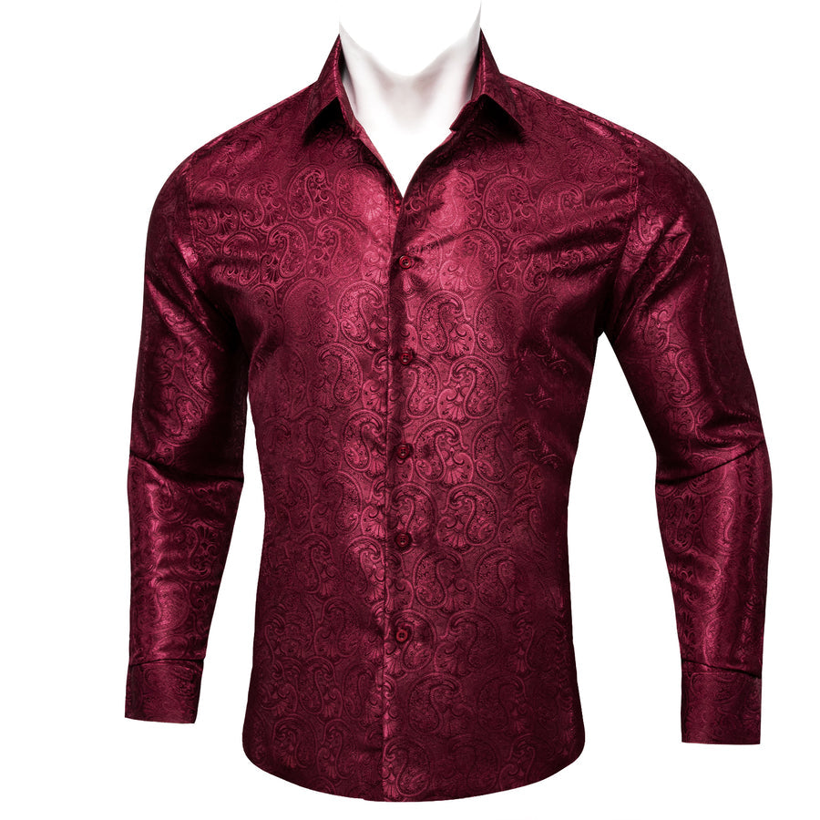 Dark Red Paisley Pattern Silk Dress Shirt shirt - Sophisticated Gentlemen