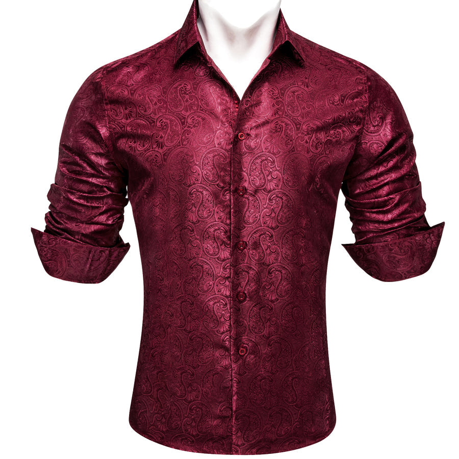 Dark Red Paisley Pattern Silk Dress Shirt shirt - Sophisticated Gentlemen