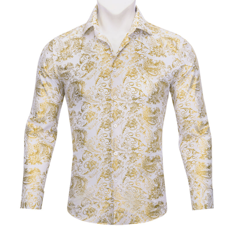 Gold White Floral Paisley Silk Dress Shirt shirt S - Sophisticated Gentlemen