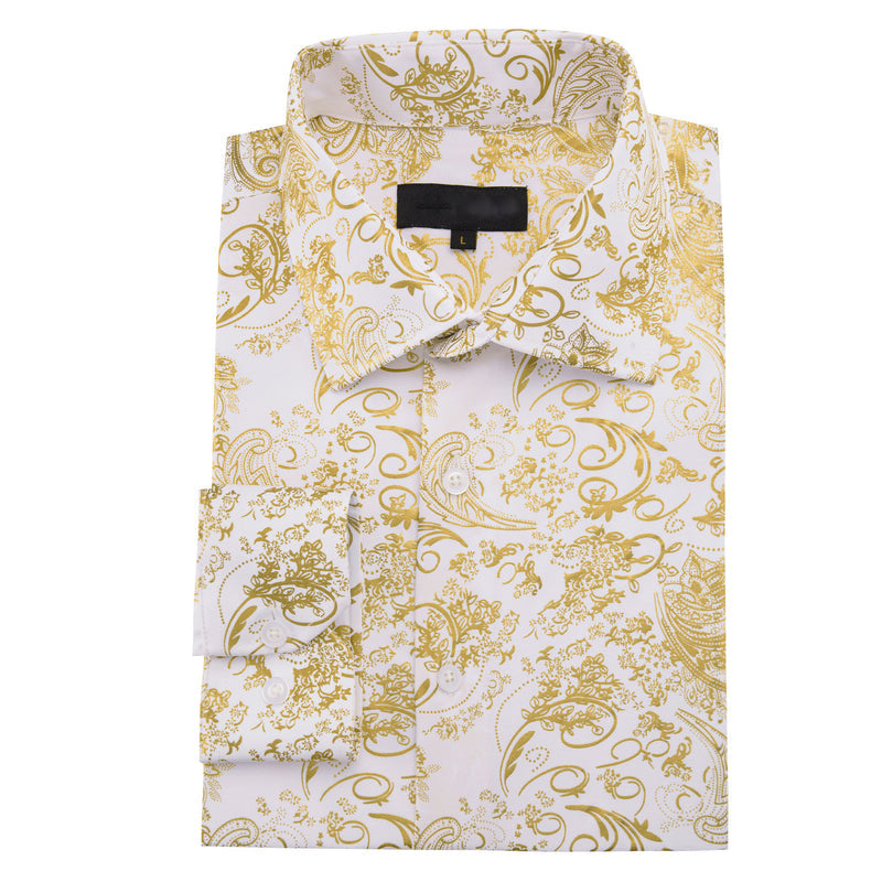 Gold White Floral Paisley Silk Dress Shirt shirt - Sophisticated Gentlemen