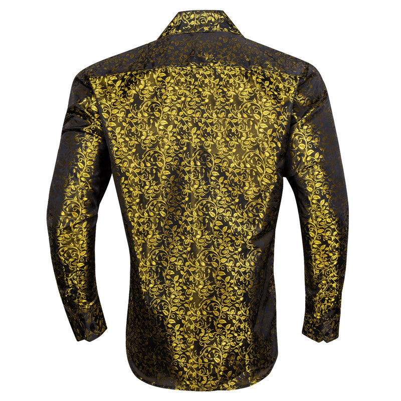 Black Golden Floral Pattern Silk Dress Shirt shirt - Sophisticated Gentlemen