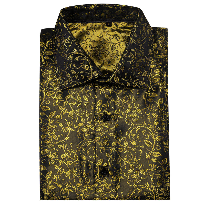 Black Golden Floral Pattern Silk Dress Shirt shirt - Sophisticated Gentlemen