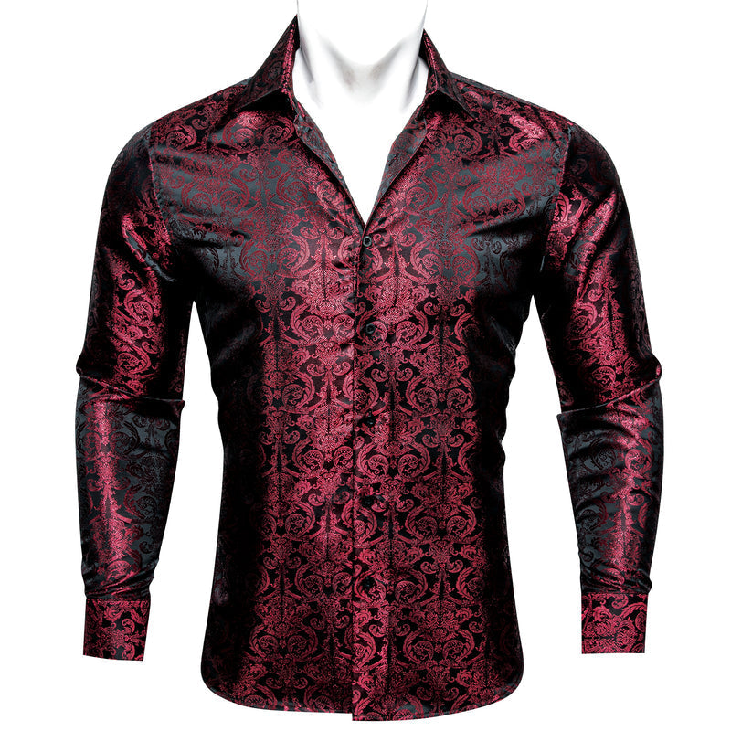 Burgundy Floral Pattern Silk Dress Shirt shirt S - Sophisticated Gentlemen