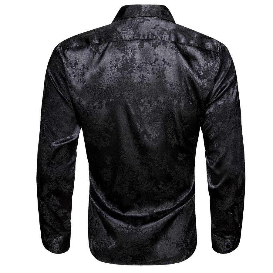 Black Floral Satin Silk Dress Shirt shirt - Sophisticated Gentlemen
