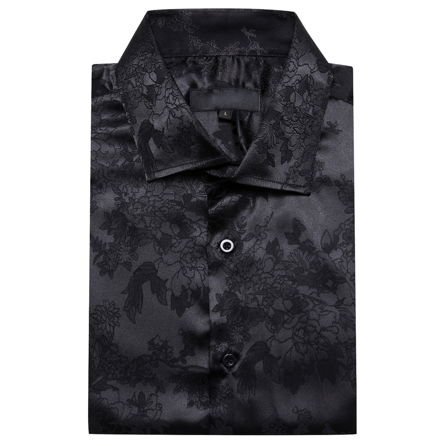 Black Floral Satin Silk Dress Shirt shirt - Sophisticated Gentlemen