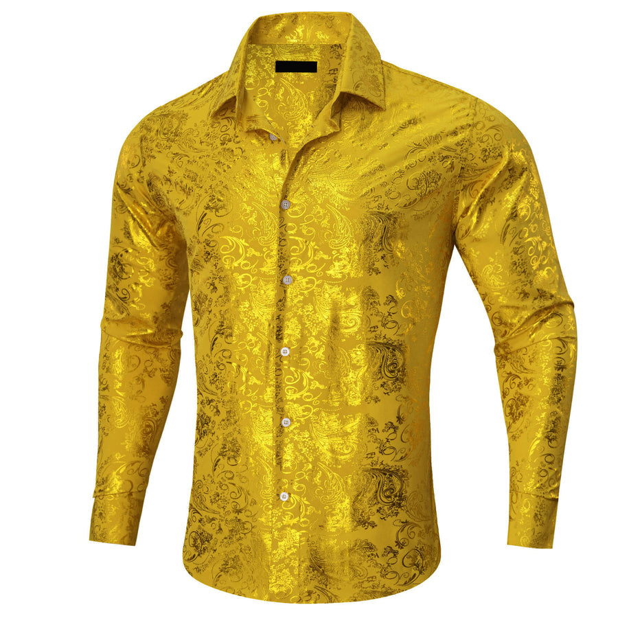 Gold Yellow Jacquard Floral Silk Dress Shirt shirt - Sophisticated Gentlemen