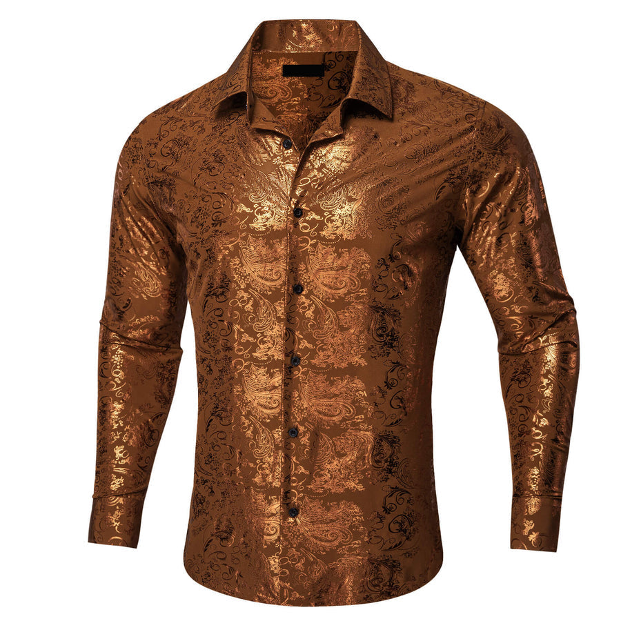 Caramel Brown Bronzing Floral Silk Dress Shirt shirt - Sophisticated Gentlemen