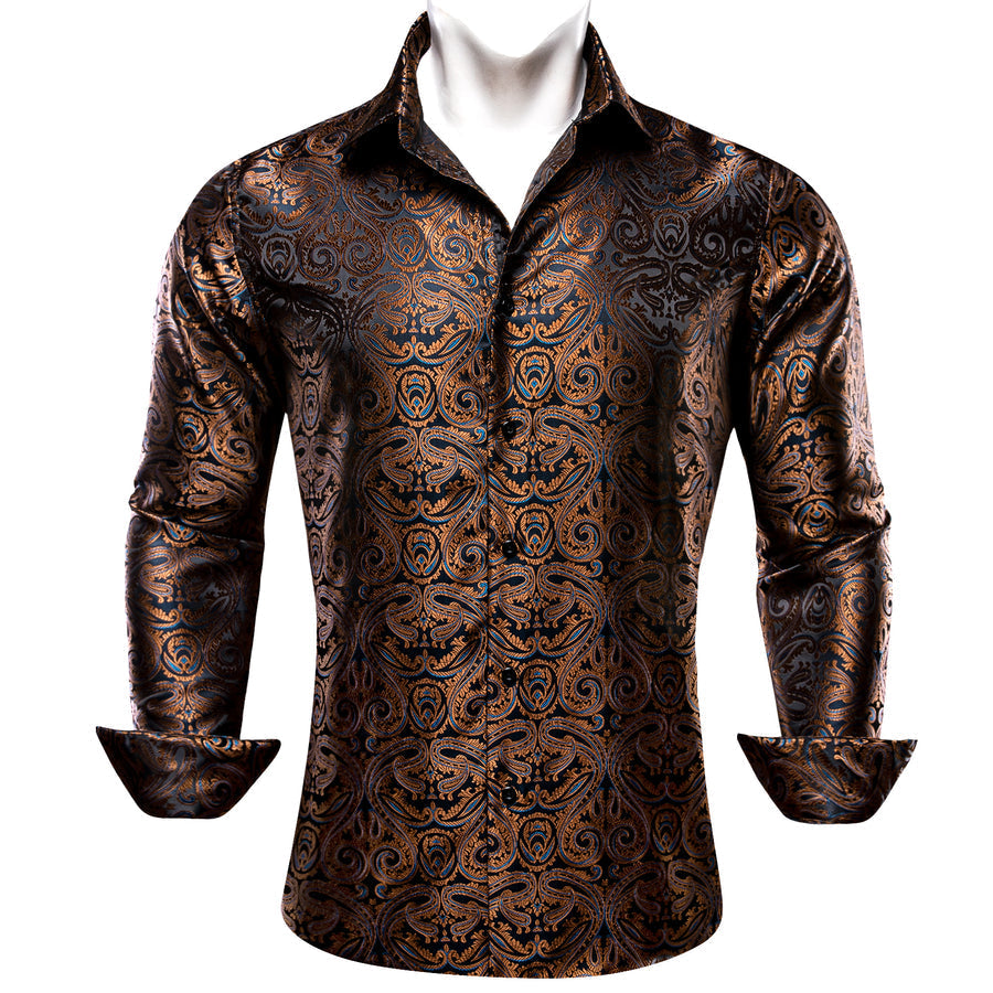 Brown Blue Paisley Silk Dress Shirt shirt S - Sophisticated Gentlemen