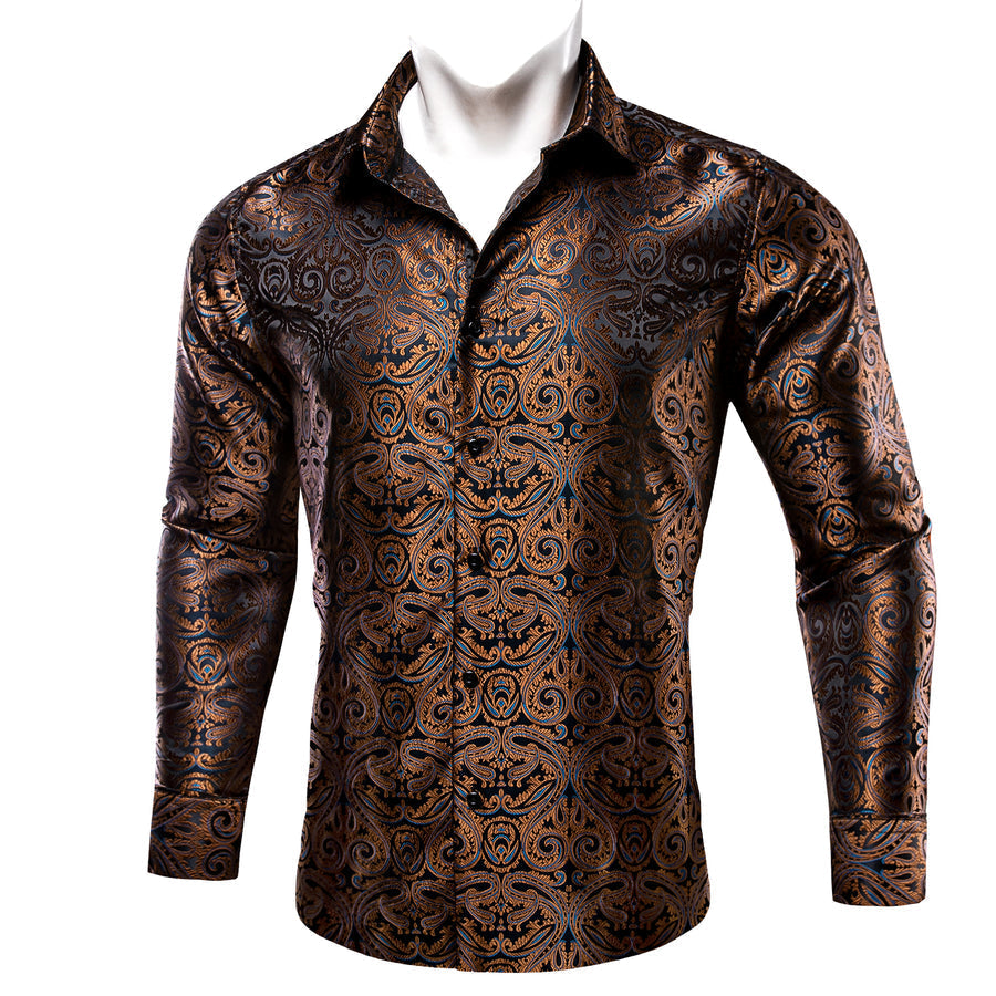 Brown Blue Paisley Silk Dress Shirt shirt - Sophisticated Gentlemen