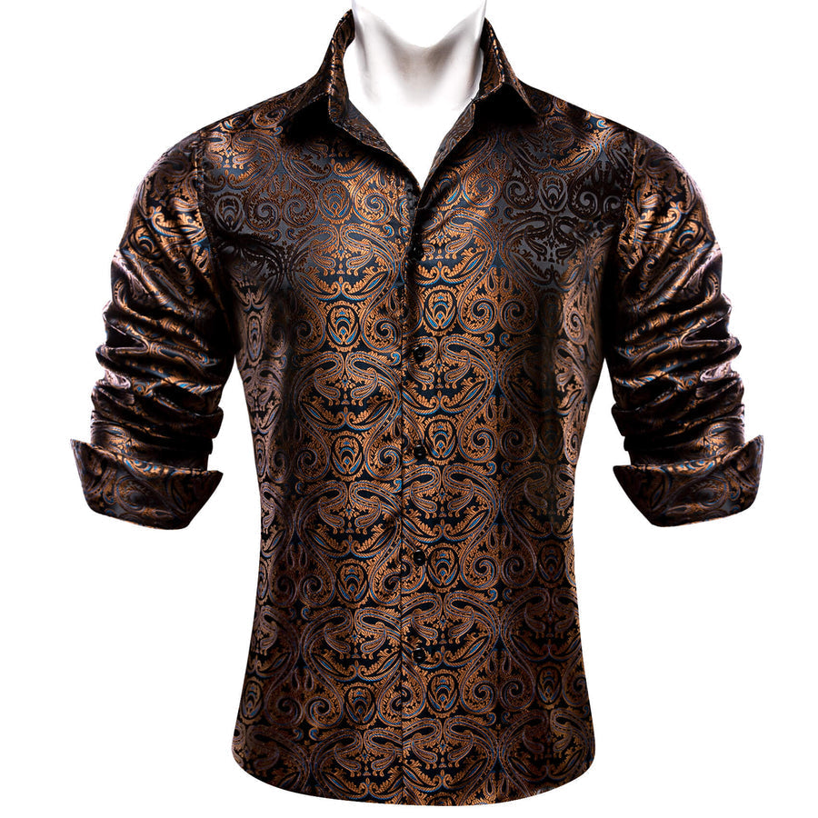 Brown Blue Paisley Silk Dress Shirt shirt - Sophisticated Gentlemen