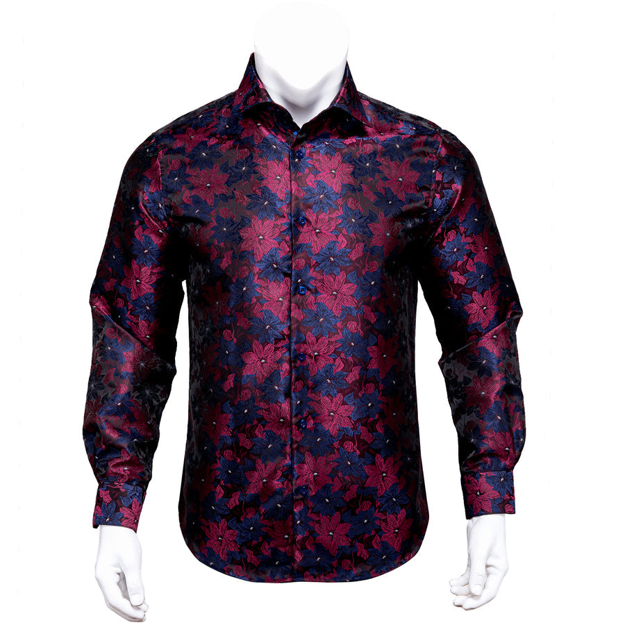 Blue Burgundy Floral Silk Dress Shirt shirt S - Sophisticated Gentlemen