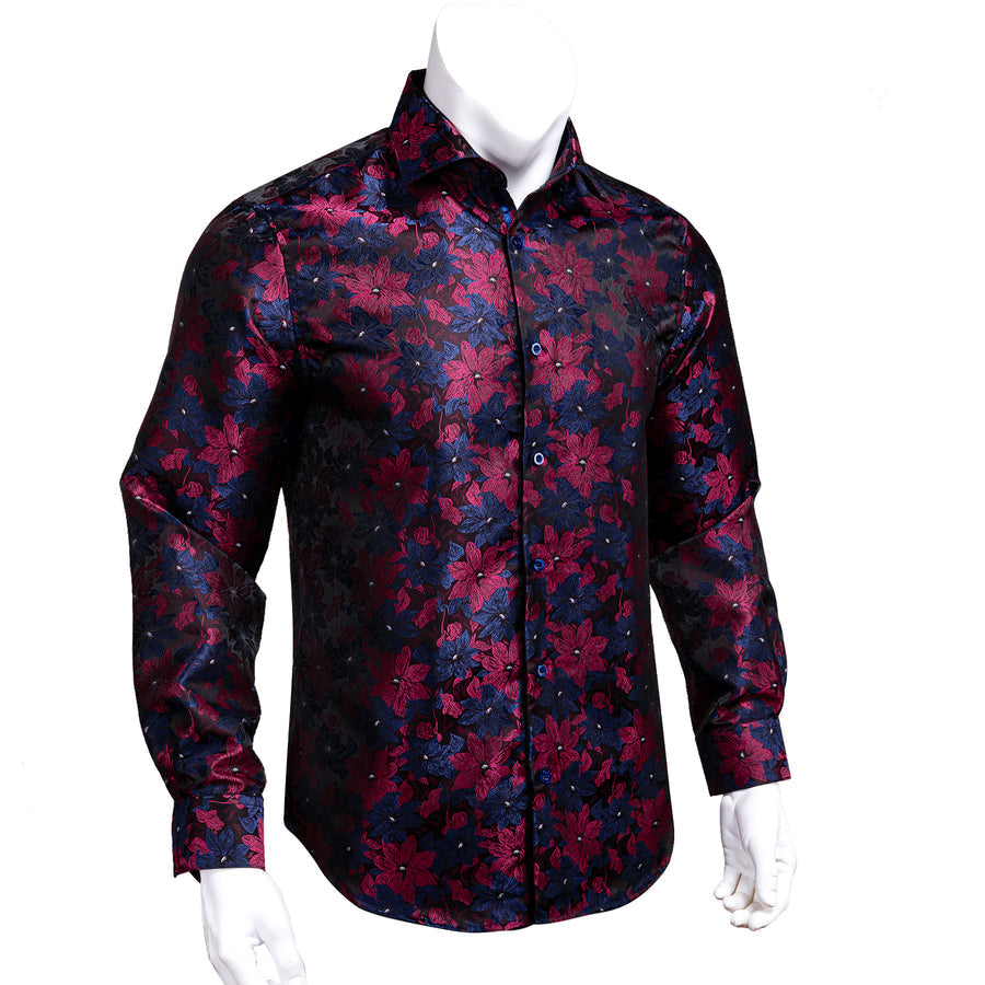 Blue Burgundy Floral Silk Dress Shirt shirt - Sophisticated Gentlemen