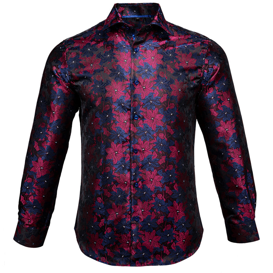 Blue Burgundy Floral Silk Dress Shirt shirt - Sophisticated Gentlemen