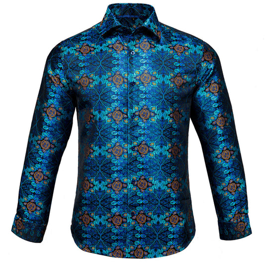 Peacock Blue Floral Silk Dress Shirt shirt    - Sophisticated Gentlemen