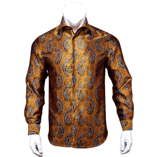 Shining Golden Paisley Silk Dress Shirt shirt S   - Sophisticated Gentlemen