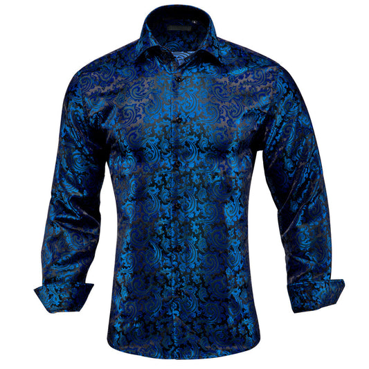Blue Black Paisley Silk Dress Shirt shirt S   - Sophisticated Gentlemen