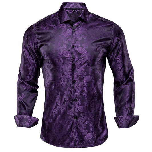 Dark Purple Paisley Silk Dress Shirt shirt S   - Sophisticated Gentlemen