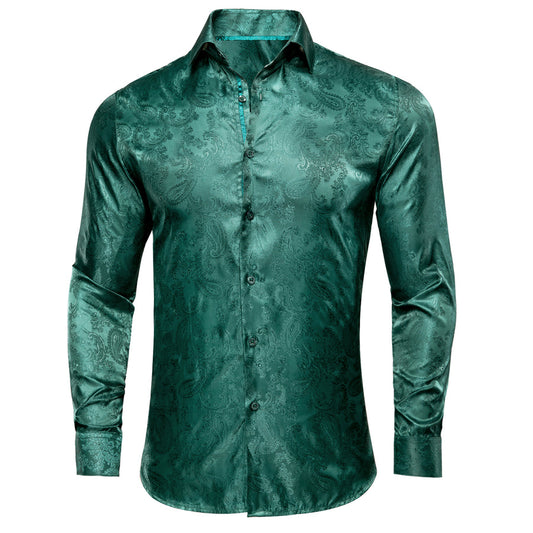 Emerald Green Paisley Silk Dress Shirt shirt S   - Sophisticated Gentlemen