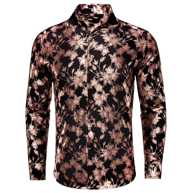 Black & Bronze Silk Shirt with Cherry Blossom Pattern shirt S - Sophisticated Gentlemen