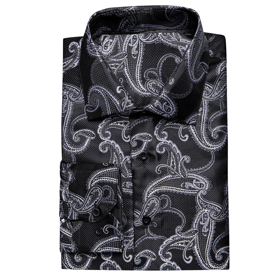 Black White Paisley Pattern Silk Dress Shirt shirt - Sophisticated Gentlemen